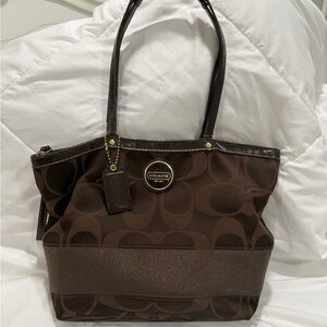 Coach Brown Signature Strip Tote Bag